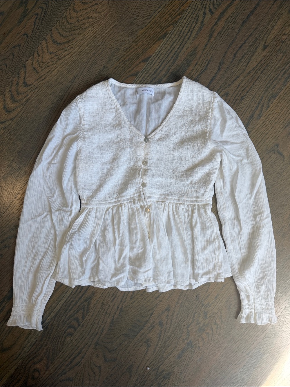 Mango White Long-Sleeve Peplum Button-Front Blouse
